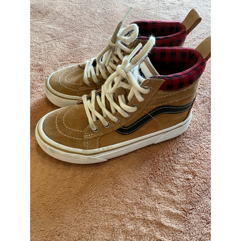 Vans Sk8-Hi MTE Kids Tan Suede Buffalo Plaid Flannel High Top Sneakers